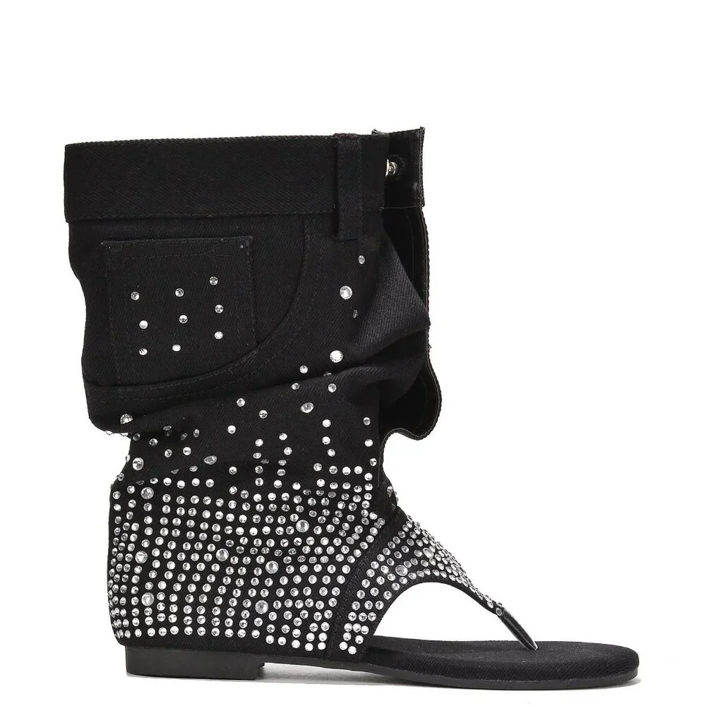 NEWπ₯ Rhinestone Embellished Slouchy Jean Sandals Mid-Calf Boots Thong Open Toe - Picture 6 of 6
